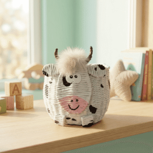 Bocis kézzel font tárolókosár – pihe-puha díszítéssel